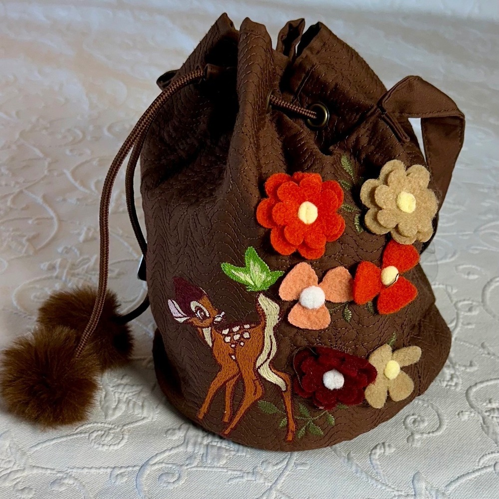 Disney Bambi Embroidered‎ Drawstring Pouch Bag Brown Floral Applique New w/ Tags